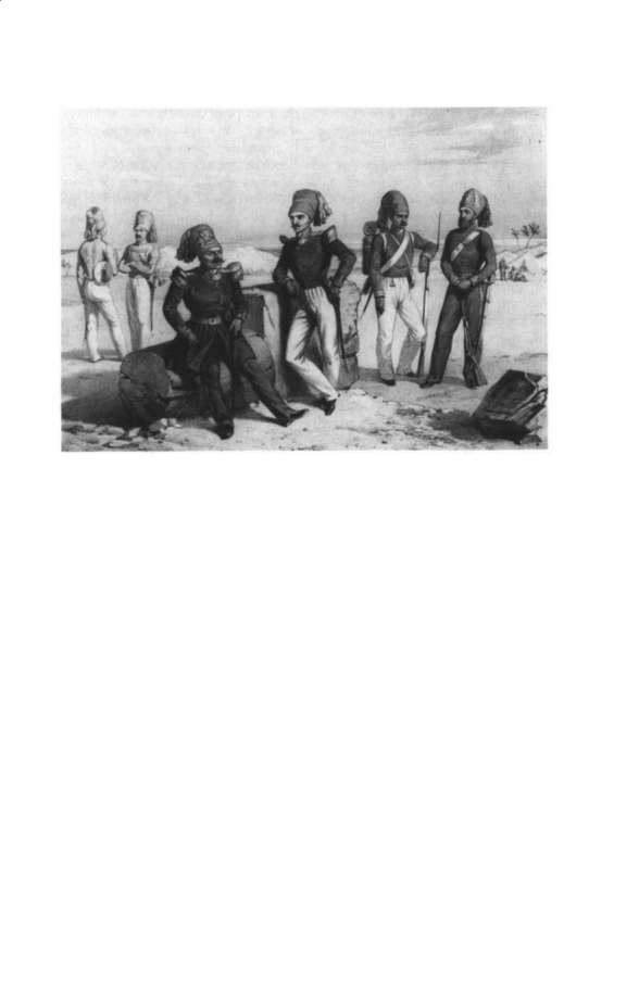 Members of the Tunisian nizāmī army in European-style uniforms, with Le Bardo military institution in the background