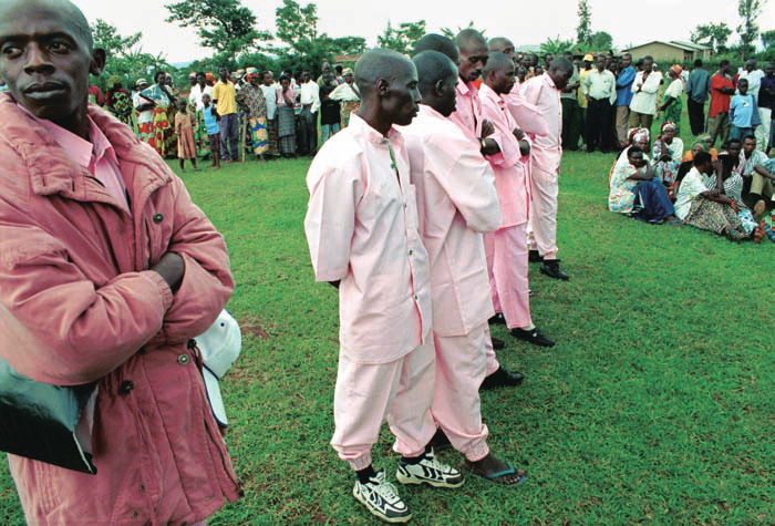 A gacaca court session in a Rwandan town center after the genocide