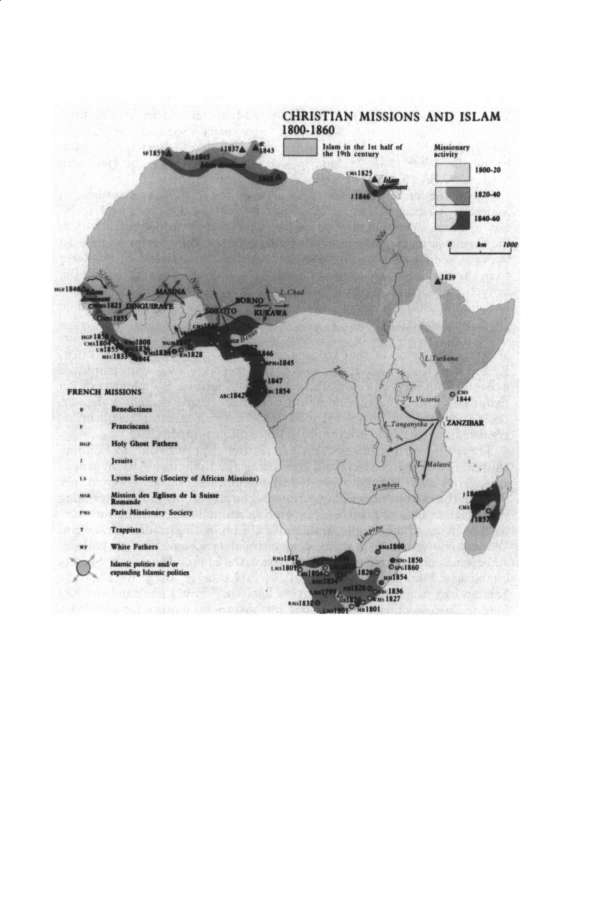 Map of Christian missionary expansion and Islamic presence in Africa between 1800 and 1860